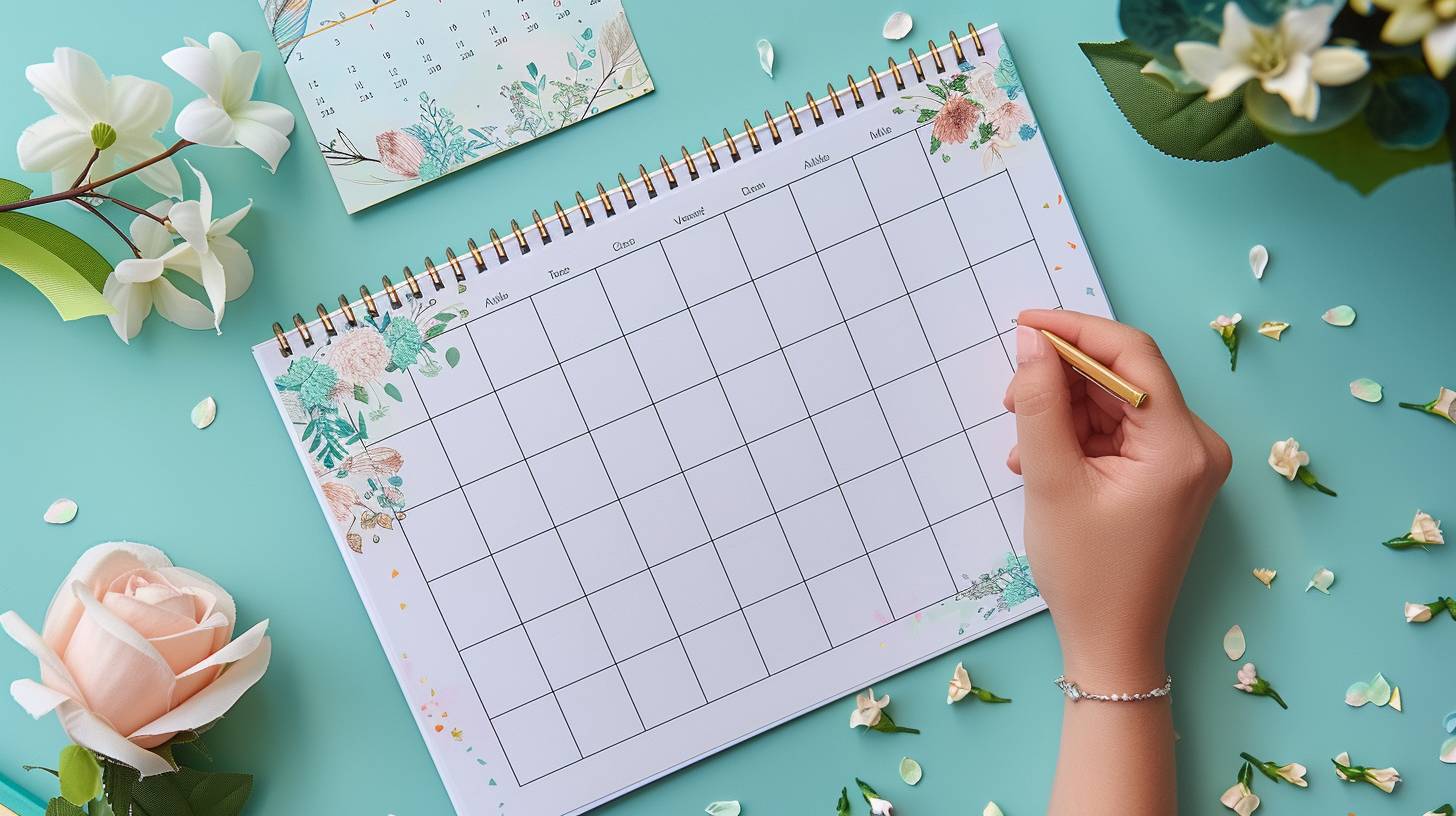 Illustration montrant l’organisation d’un renouvellement de vœux, avec calendrier et décorations symboliques.