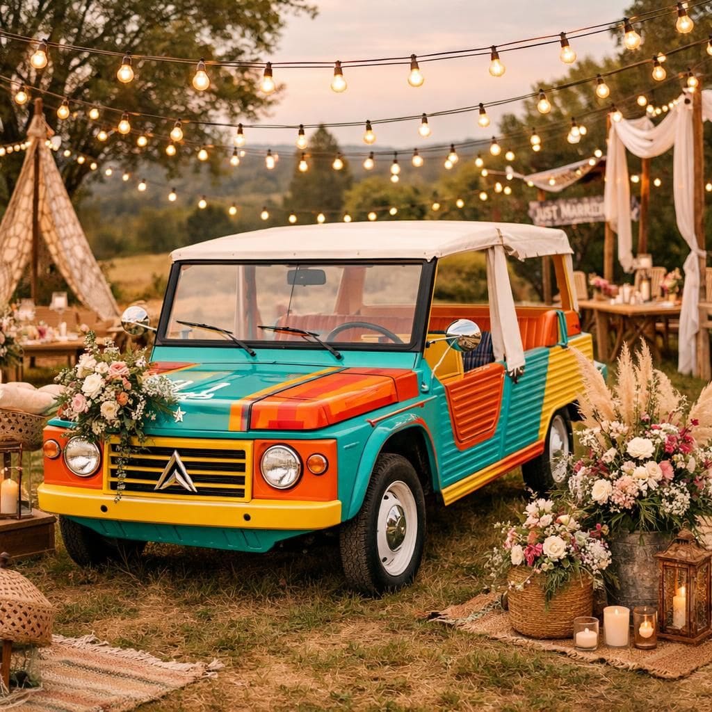 découvrez la mehari, l'option idéale pour un mariage original et décontracté, alliant charme vintage et ambiance conviviale pour un jour inoubliable.